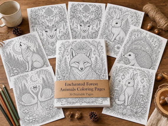 Enchanted Forest Animals Coloring Book, Printable Adult Coloring Pages, Woodland Stress Relief PDF, Digital Download · CB-05