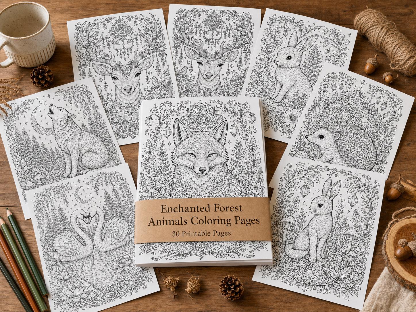Enchanted Forest Animals Coloring Book, Printable Adult Coloring Pages, Woodland Stress Relief PDF, Digital Download · CB-05