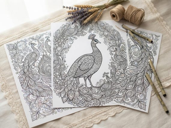 Ornate Peacocks Coloring Book, Printable Adult Coloring Pages, Ornate Peacock Stress Relief PDF, Digital Download · CB-29 view 3