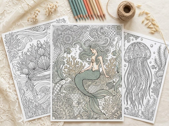 Ocean & Mermaid Coloring Book, Printable Adult Coloring Pages, Under the Sea Stress Relief PDF, Digital Download · CB-11 view 5