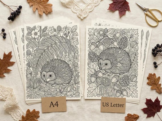 Hedgehogs & Forest Berries Coloring Book, Printable Adult Coloring Pages, Woodland Nature Stress Relief PDF, Digital Download view 5