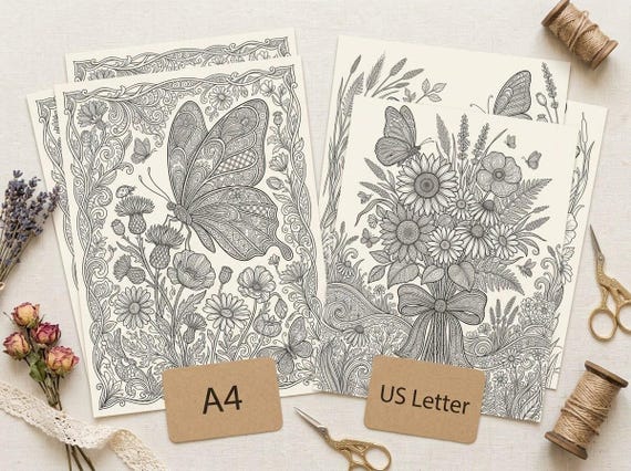 Butterfly & Wildflower Coloring Book, Printable Adult Coloring Pages, Floral Meadow Stress Relief PDF, Digital Download · CB-12 view 4