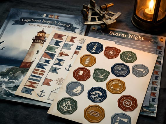 Lighthouse Junk Journal Kit, Printable Coastal Journal Pages, Nautical Maritime Ephemera, Signal Flag Tags, Digital Download · JK-085 view 4