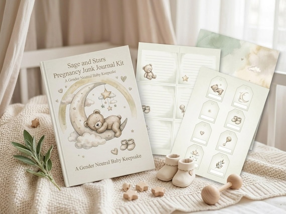 Gender Neutral Pregnancy Junk Journal Kit, Sage and Stars, Printable Ephemera, Baby Shower Gift, Digital Download · JK-130 view 4
