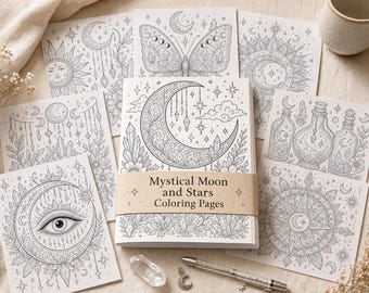 Mystical Moon and Stars Coloring Book, Printable Adult Coloring Pages, Celestial Stress Relief PDF, Digital Download