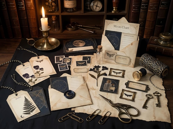 Moonlit Curiosity Cabinet Junk Journal Kit, Printable Dark Academia Journal Pages, Gothic Botanical Ephemera, Moon Phase Tags, Fuss · JK-009 view 3