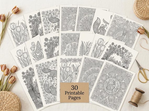 Spring Rabbits & Meadow Coloring Book, Printable Adult Coloring Pages, Spring Nature Stress Relief PDF, Digital Download view 6