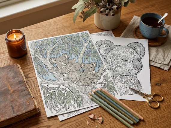 Koalas & Eucalyptus Coloring Book, Printable Adult Coloring Pages, Australian Nature Stress Relief PDF, Digital Download view 2