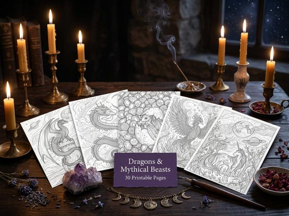 Dragons and Mythical Beasts Coloring Book, Printable Fantasy Creature Coloring Pages, 30 Page PDF, Premium Digital Download view 7