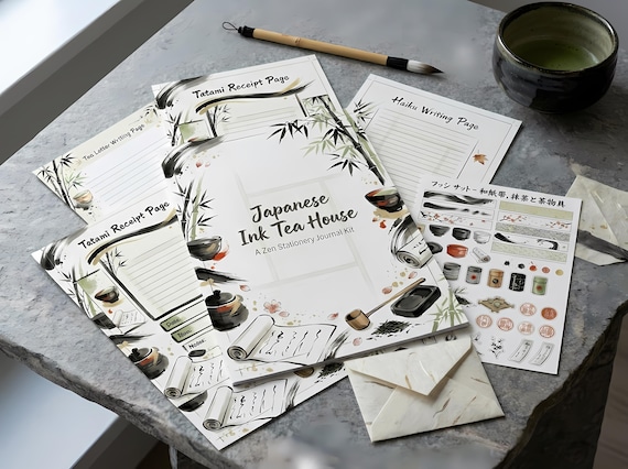 Japanese Ink Tea House Junk Journal Kit, Printable Zen Journal Pages, Sumi-e Ink Ephemera, Washi Tags, Tea Ceremony Cards, Haiku Wr · JK-041