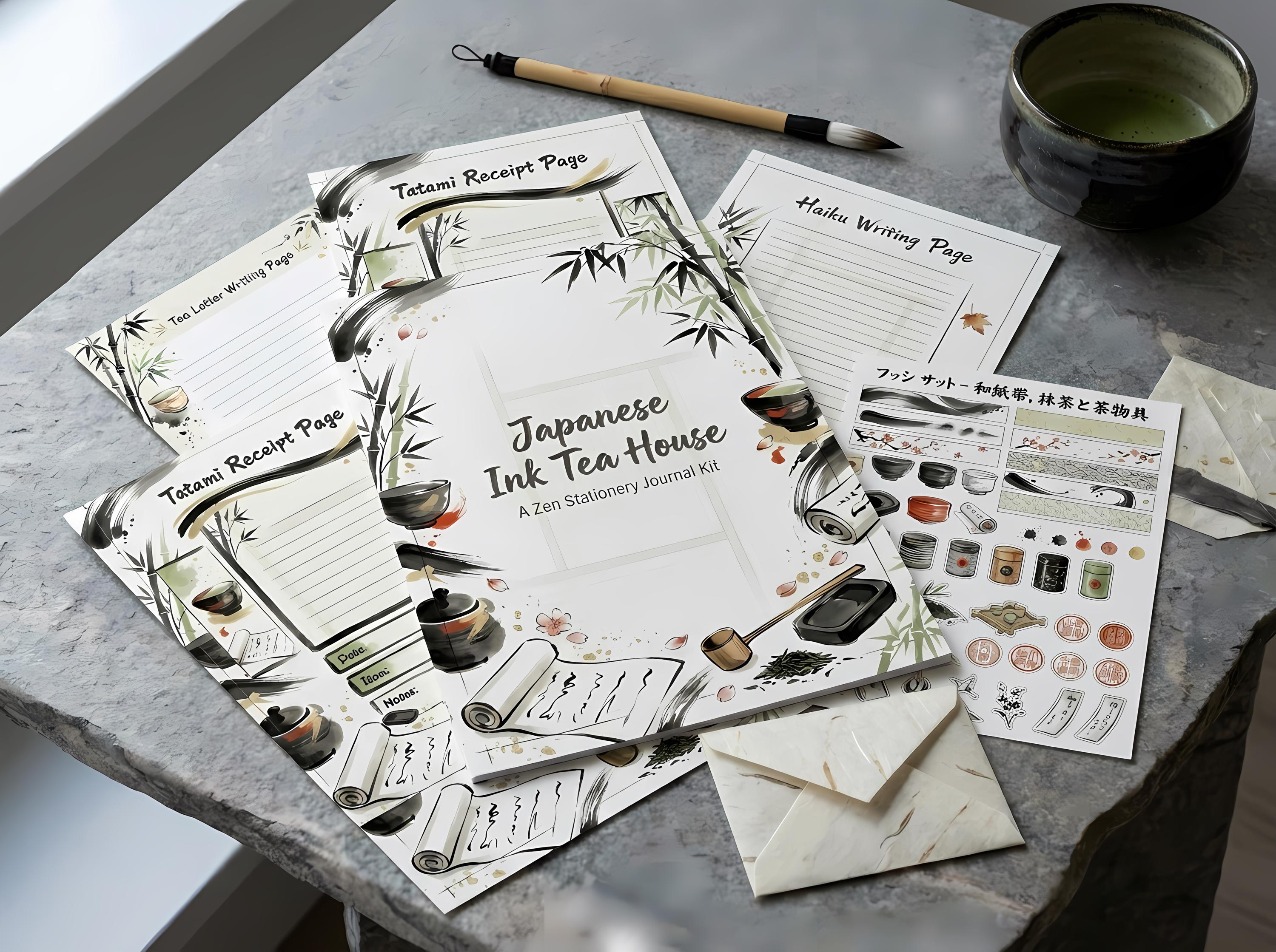 Japanese Ink Tea House Junk Journal Kit, Printable Zen Journal Pages, Sumi-e Ink Ephemera, Washi Tags, Tea Ceremony Cards, Haiku Wr · JK-041