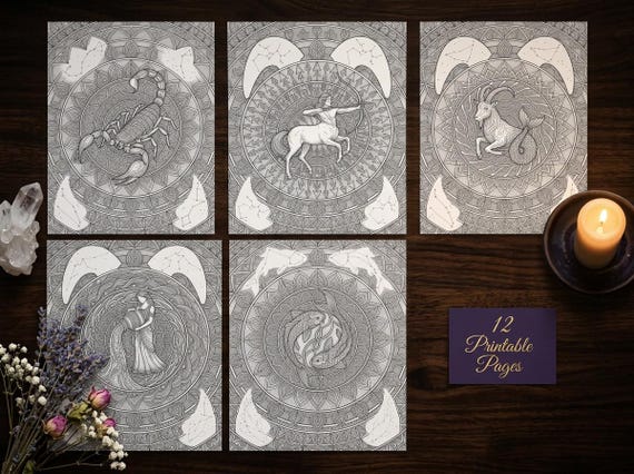 Zodiac Signs Mandala Coloring Book, Printable Astrology Coloring Pages, Complete 12 Sign Set PDF, Premium Digital Download view 6