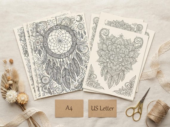 Boho Dreamcatchers & Feathers Coloring Book, Printable Adult Coloring Pages, Stress Relief PDF, Digital Download · CB-19 view 4