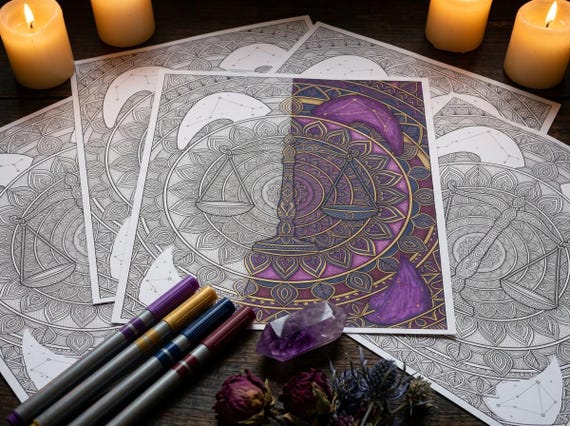 Zodiac Signs Mandala Coloring Book, Printable Astrology Coloring Pages, Complete 12 Sign Set PDF, Premium Digital Download view 5
