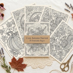 Cozy Autumn Harvest Coloring Book, Printable Adult Coloring Pages, Fall Pumpkin Stress Relief PDF, Digital Download · CB-13 image 1