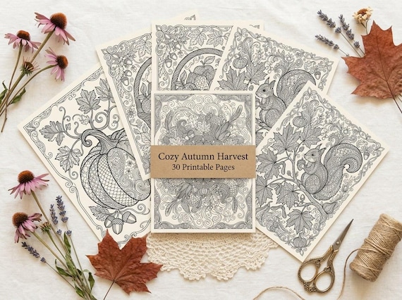 Cozy Autumn Harvest Coloring Book, Printable Adult Coloring Pages, Fall Pumpkin Stress Relief PDF, Digital Download · CB-13