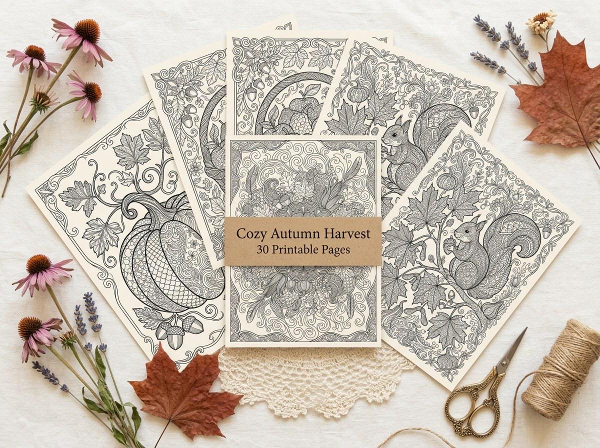 Cozy Autumn Harvest Coloring Book, Printable Adult Coloring Pages, Fall Pumpkin Stress Relief PDF, Digital Download · CB-13