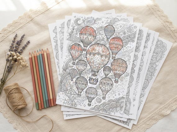 Whimsical Hot Air Balloons Coloring Book, Printable Adult Coloring Pages, Stress Relief PDF, Digital Download · CB-28 view 5
