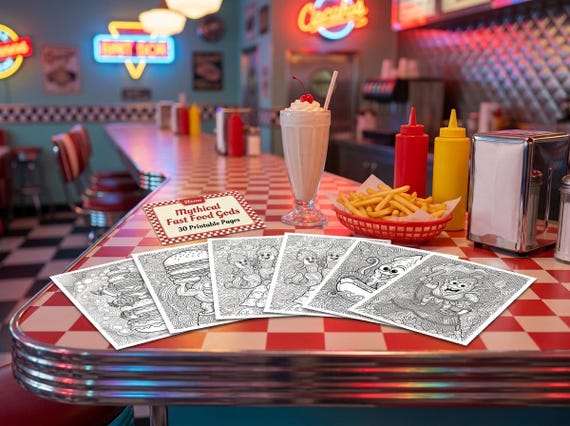 Mythical Fast Food Gods Coloring Book, Funny Adult Coloring Pages, Gods as Fast Food Novelty PDF, Digital Download view 7
