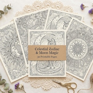May include: A collection of black and white coloring pages featuring intricate celestial, zodiac, and moon designs. A brown paper band across the center displays the text Celestial Zodiac & Moon Magic 30 Printable Pages in black font.