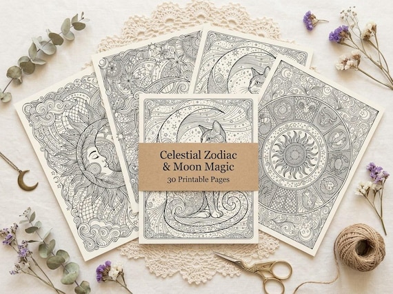 Celestial Zodiac & Moon Magic Coloring Book, Printable Adult Coloring Pages, Mystical Moon Stars Stress Relief PDF, Digital Download · CB-08
