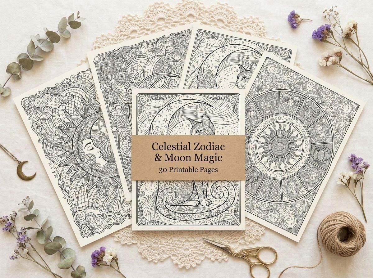 Celestial Zodiac & Moon Magic Coloring Book, Printable Adult Coloring Pages, Mystical Moon Stars Stress Relief PDF, Digital Download · CB-08