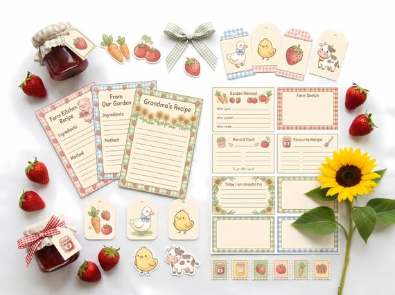 Kawaii Cottage Farm Journal Kit, Printable Storybook Journal Pages, Cottagecore Ephemera, Recipe Cards, Tags, Fussy Cuts · JK-008 view 3