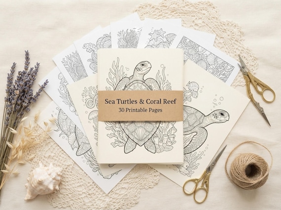 Sea Turtles & Coral Reef Coloring Book, Printable Adult Coloring Pages, Ornate Coral Reef Stress Relief PDF, Digital Download · CB-38