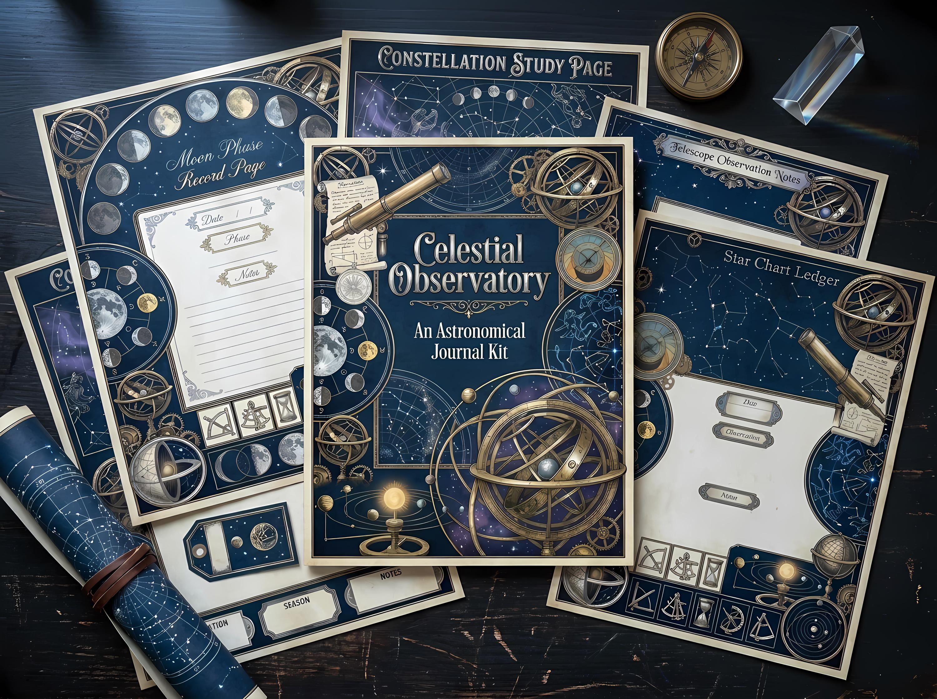 Celestial Observatory Junk Journal Kit, Printable Astronomical Journal Pages, Star Chart Ephemera, Constellation Tags, Vintage Astr · JK-045