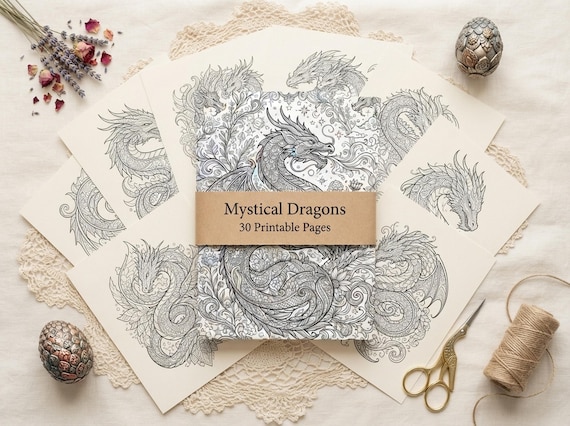 Mystical Dragons Coloring Book, Printable Adult Coloring Pages, Ornate Mystical Dragon Stress Relief PDF, Digital Download · CB-39