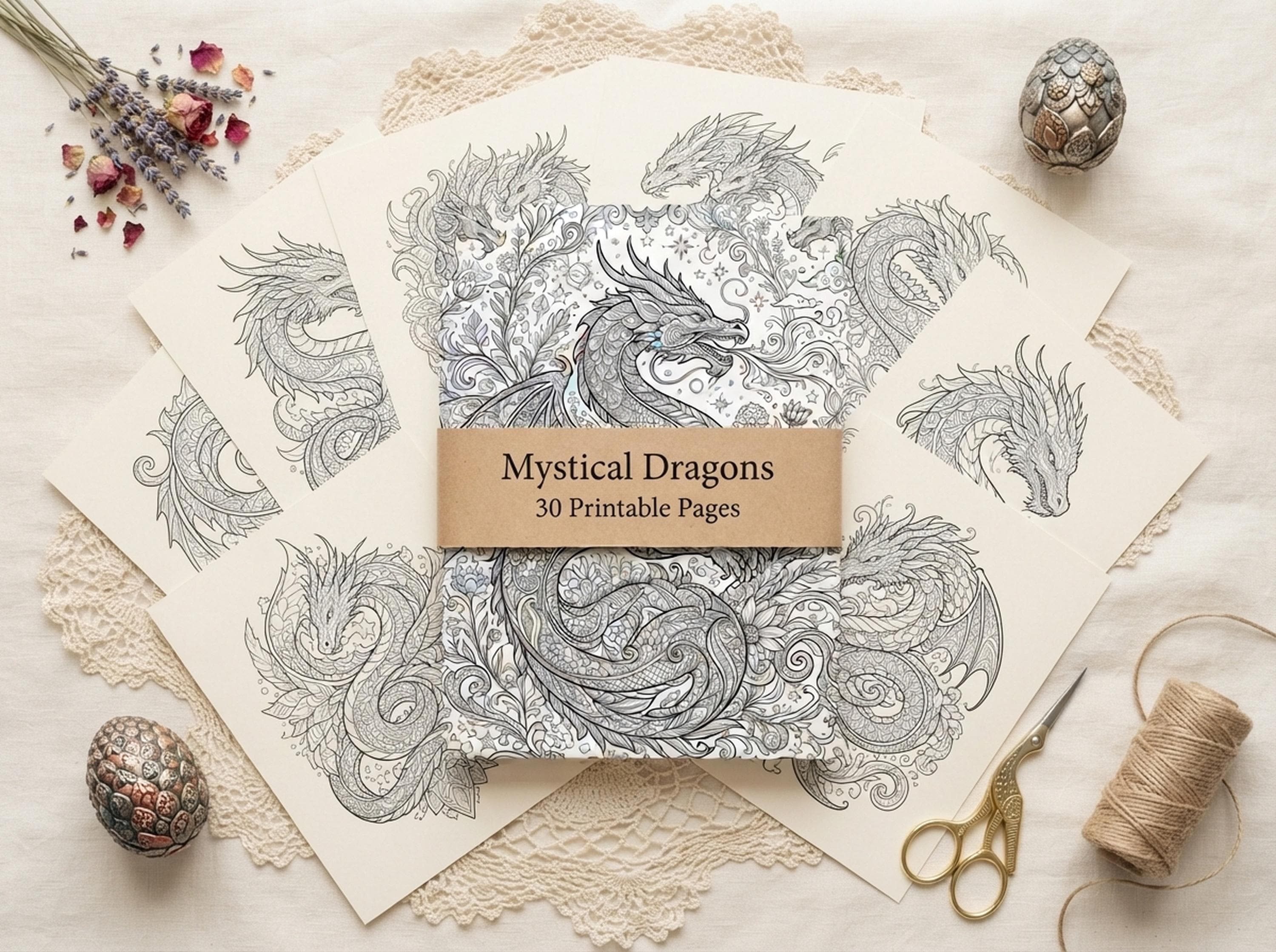 Mystical Dragons Coloring Book, Printable Adult Coloring Pages, Ornate Mystical Dragon Stress Relief PDF, Digital Download · CB-39