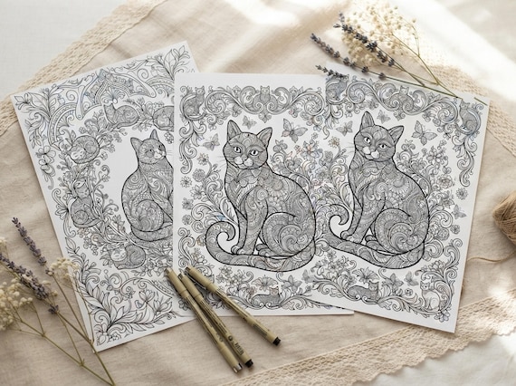 Whimsical Cats Coloring Book, Printable Adult Coloring Pages, Whimsical Decorative Cat Stress Relief PDF, Digital Download · CB-31 view 3