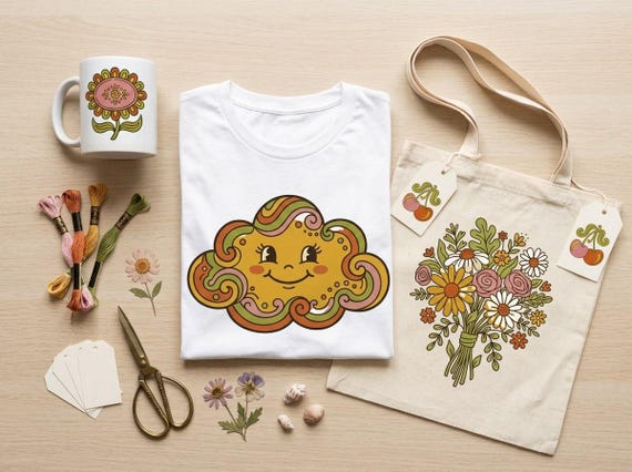Retro Groovy Wildflower Clipart, 30 Transparent PNG, Commercial Use, Sublimation POD, Digital Download view 2