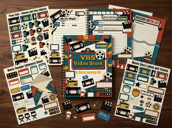 VHS Video Store Junk Journal Kit, Printable 80s 90s Retro Journal Pages, Film Strip Ephemera, Rental Label Fussy Cuts, Digital Down · JK-050