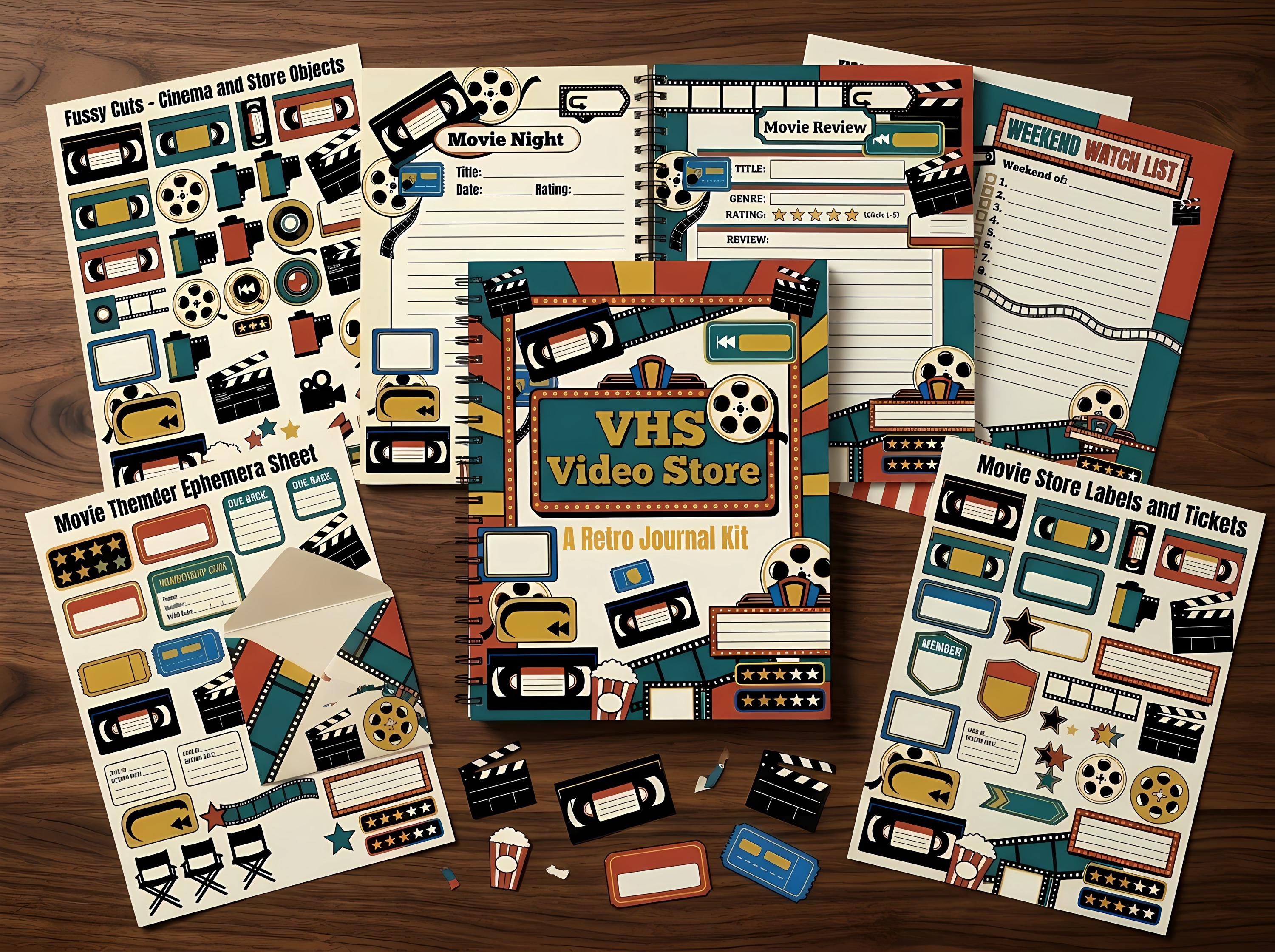 VHS Video Store Junk Journal Kit, Printable 80s 90s Retro Journal Pages, Film Strip Ephemera, Rental Label Fussy Cuts, Digital Down · JK-050