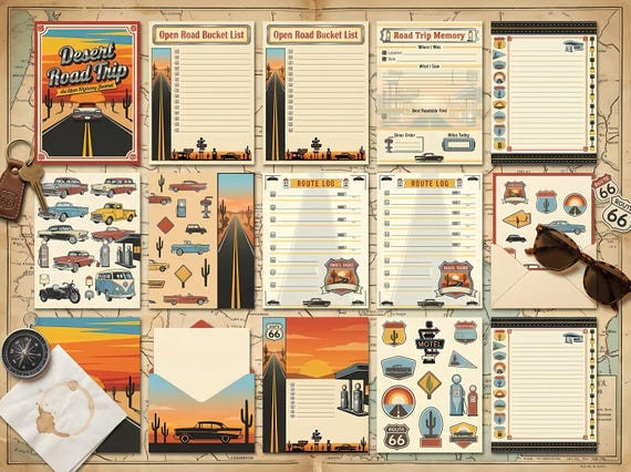 Desert Road Trip Junk Journal Kit, Printable Vintage Highway Journal Pages, Road Trip Ephemera, Americana Tags, Digital Download · JK-076 view 2