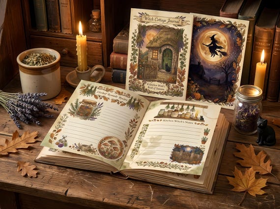 Witch Cottage Junk Journal Kit, Printable Halloween Journal Pages, Cottagecore Witchy Ephemera, Grimoire Pages, Digital Download · JK-081