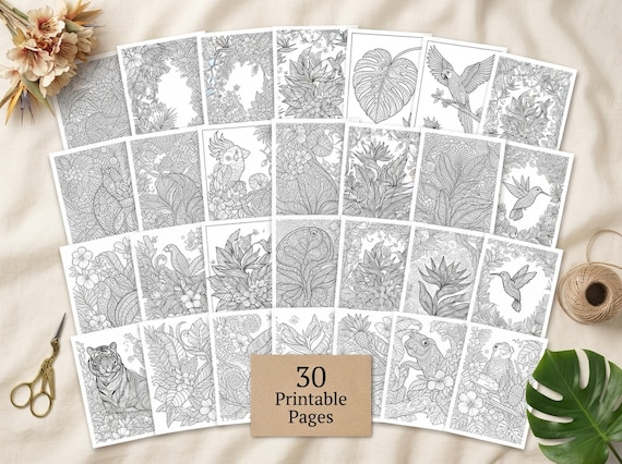 Tropical Jungle Paradise Coloring Book, Printable Adult Coloring Pages, Lush Tropical Jungle Stress Relief PDF, Digital Download · CB-20 view 2