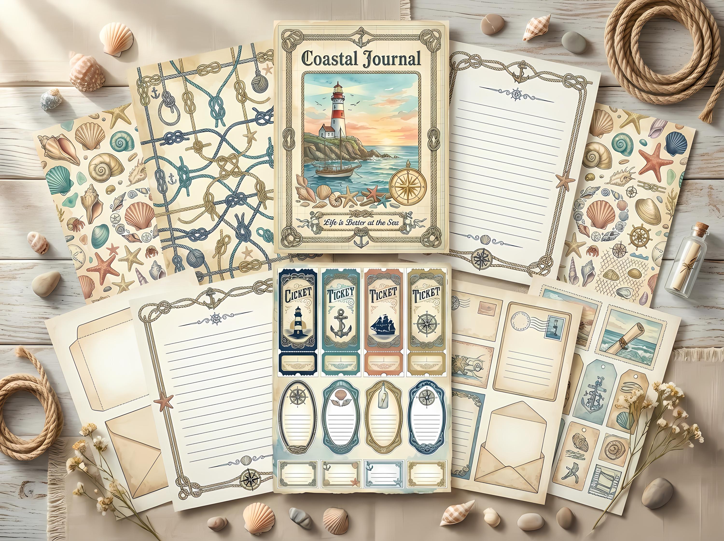 Coastal Nautical Junk Journal Kit, Printable Beach Journal Pages, Seaside Ephemera, Lighthouse Tags, Digital Download · JK-056