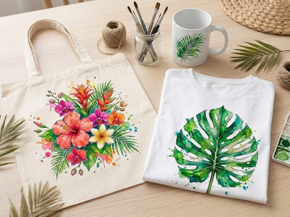 Watercolor Tropical Clipart, 30 Transparent PNG, Commercial Use, Sublimation POD, Digital Download view 2