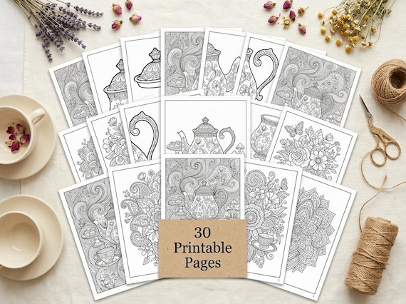 Cottagecore Tea Party Coloring Book, Printable Adult Coloring Pages, Cottagecore Tea Party Stress Relief PDF, Digital Download · CB-25 view 6