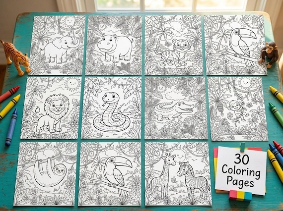 Jungle Animals Kids Coloring Book, 30 Printable Coloring Pages for Ages 4-8, Boys and Girls Activity PDF, Digital Download view 3