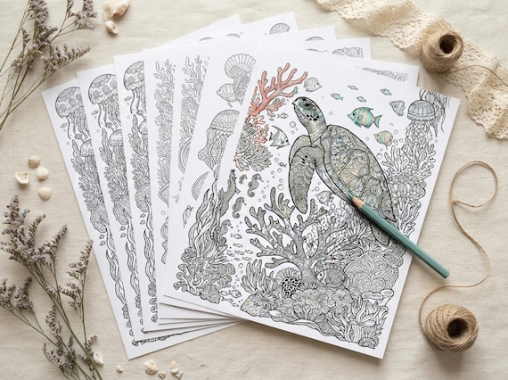 Sea Turtles & Coral Reef Coloring Book, Printable Adult Coloring Pages, Ornate Coral Reef Stress Relief PDF, Digital Download · CB-38 view 7