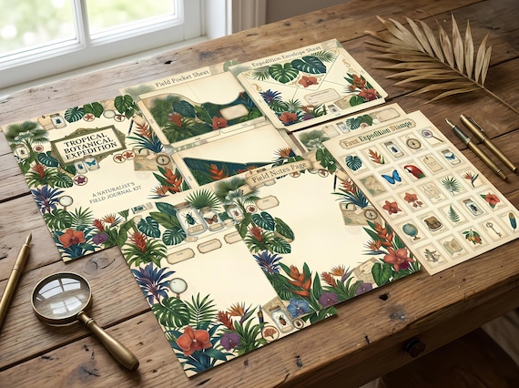 Tropical Botanical Expedition Junk Journal Kit, Printable Naturalist Journal Pages, Specimen Plate Ephemera, Field Notes, Botanical · JK-042