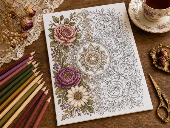Vintage Floral Mandalas Coloring Book, Printable Adult Coloring Pages, Stress Relief Flower PDF, Digital Download · CB-06 view 4