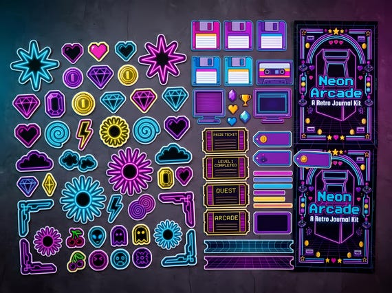 Neon Arcade Junk Journal Kit, Printable 80s Arcade Journal Pages, Pixel Art Ephemera, Cassette Tape Fussy Cuts, Digital Download · JK-046 view 3