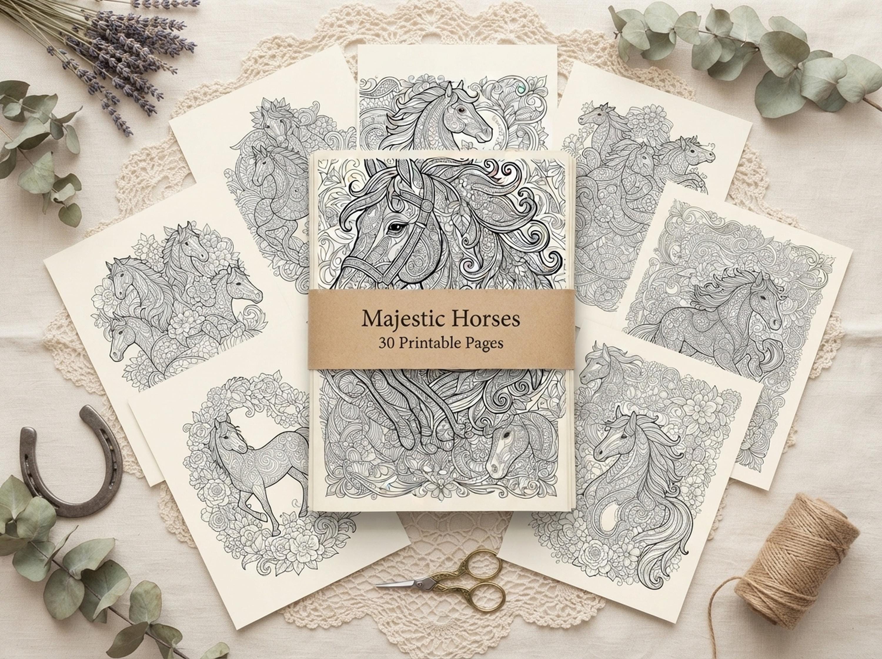 Majestic Horses Coloring Book, Printable Adult Coloring Pages, Majestic Decorative Horse Stress Relief PDF, Digital Download · CB-32