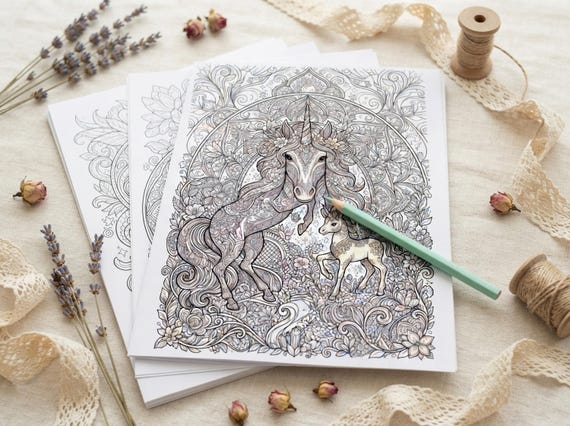 Magical Unicorns Coloring Book, Printable Adult Coloring Pages, Whimsical Magical Unicorn Stress Relief PDF, Digital Download · CB-40 view 7