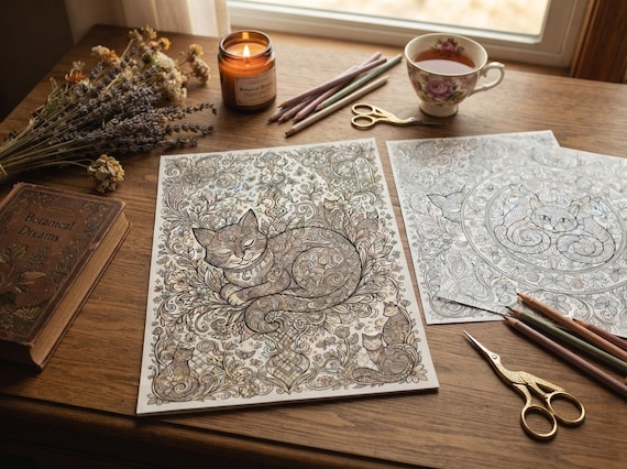 Whimsical Cats Coloring Book, Printable Adult Coloring Pages, Whimsical Decorative Cat Stress Relief PDF, Digital Download · CB-31 view 6