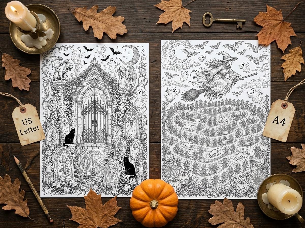 Halloween Adult Coloring Book Vol 2, Spooky Season Printable Coloring Pages, Witchy Autumn Stress Relief PDF, Digital Download